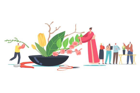 Japanese Ikebana Concept. Tiny Female Graphics and Illustrations