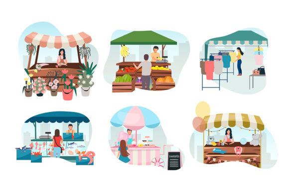 Street Fair Flat Vector Illustration Set for Graphics and Illustrations